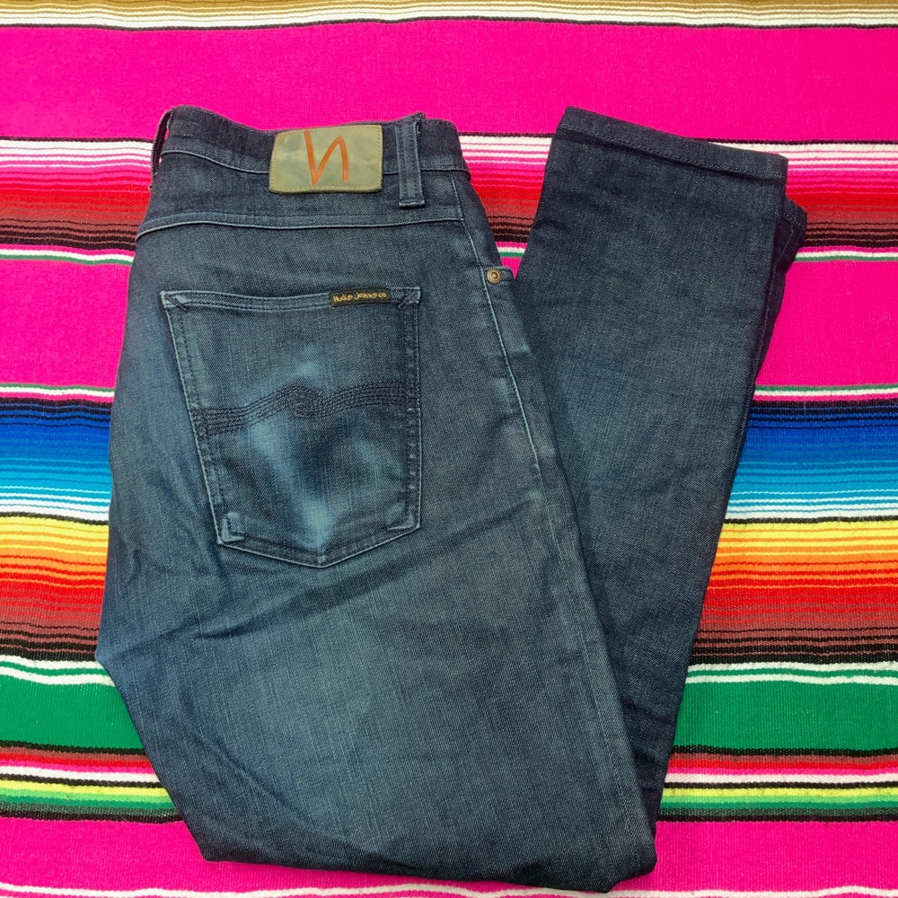 Nudie Jeans Co. Men 32x32 (Fit 31x28) Pipe Led Slim Skinny Dark Worn Navy Blue